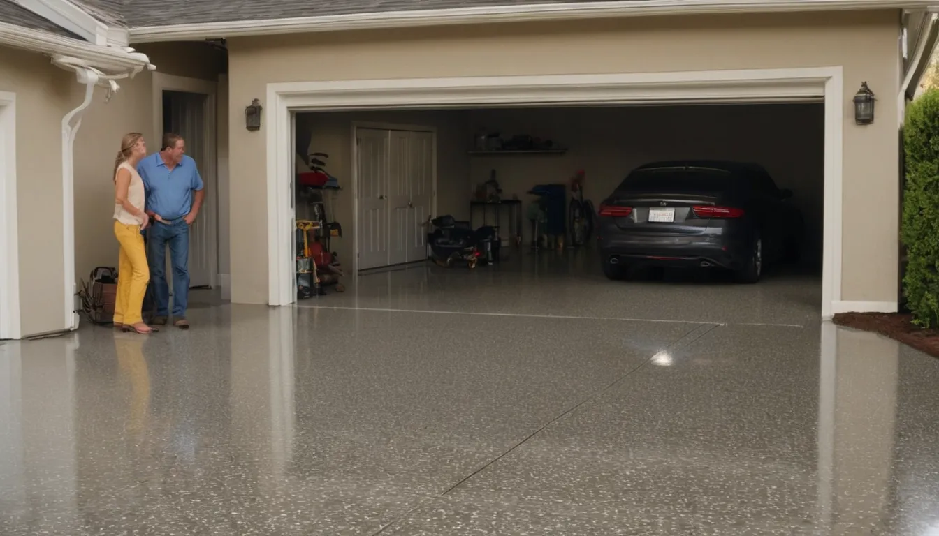 Freshly coated epoxy garage floor with gray flakes in a home near Bowie