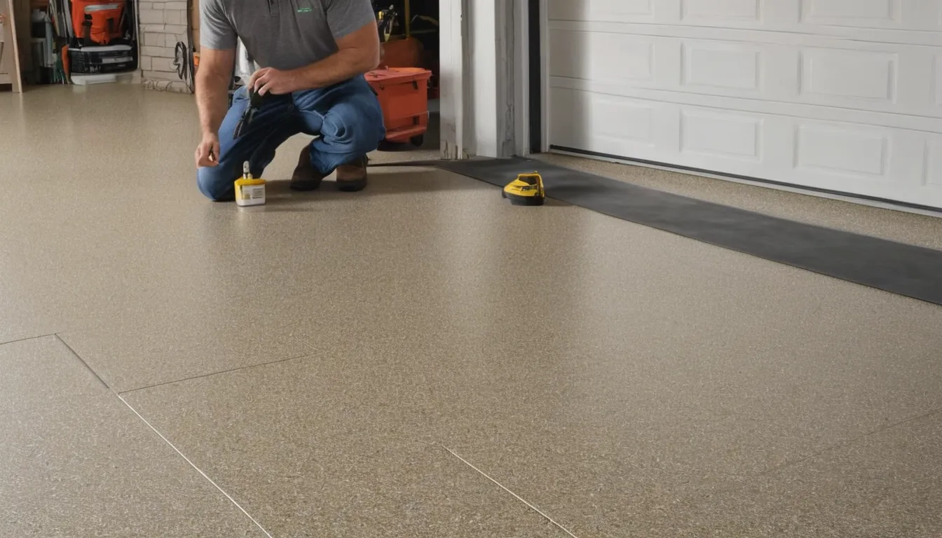 Homeowner and a local provider reviewing flake color samples on a freshly coated garage floor near Bowie